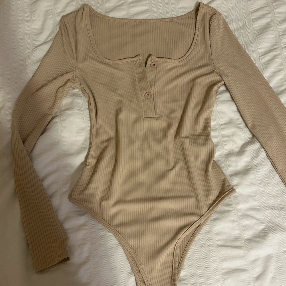 Beige Ribbed Long Sleeve Bodysuit